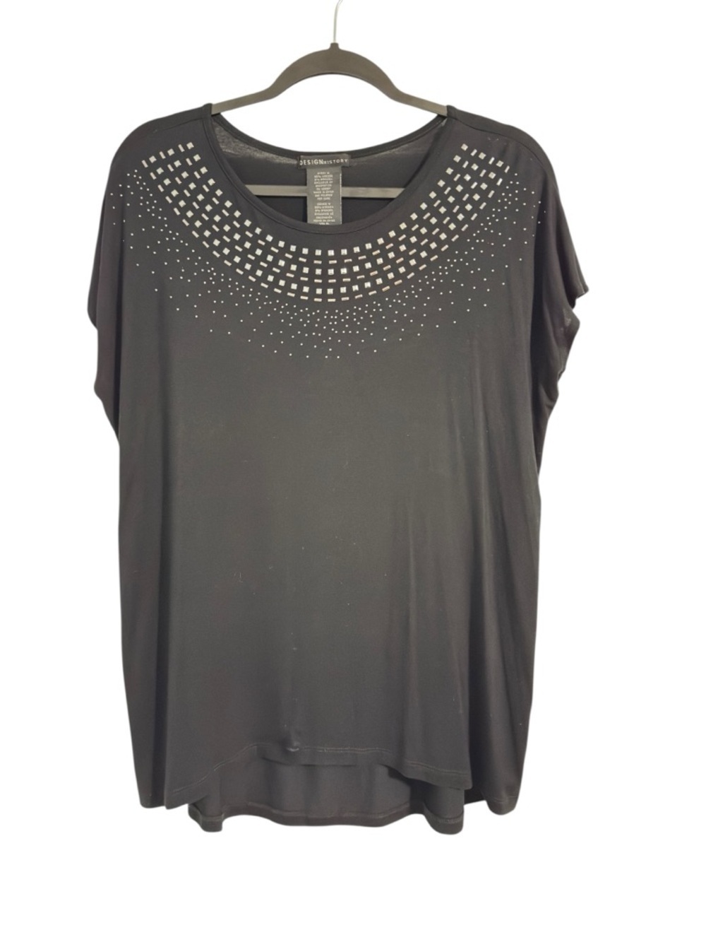 Design History Black Studded Neckline Blouse Top Size Medium Sheer Overlay